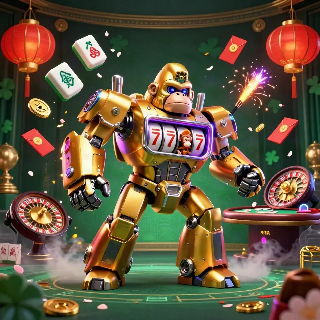 Golden gorilla mech and tiny monkey pilot amid casino relics, lanterns, petals, and roulette glow.