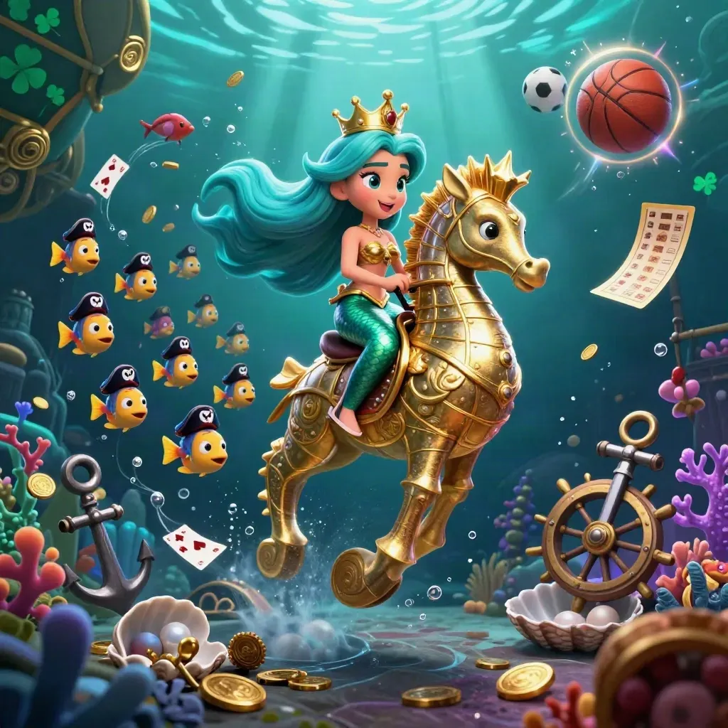Mermaid princess rides a golden seahorse with pirate fish, coins, balls and treasure underwater.