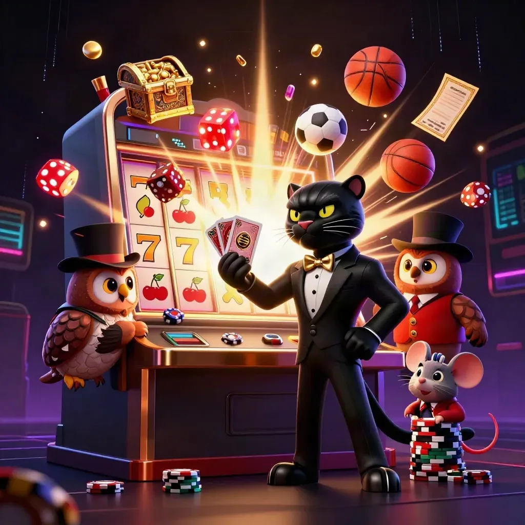 Low-angle casino key art with panther dealer, owl, mouse, slot burst, balls and gold.