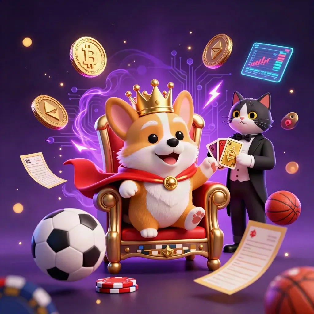 Royal corgi and cat butler amid chips, sports balls, crypto coins and neon casino energy