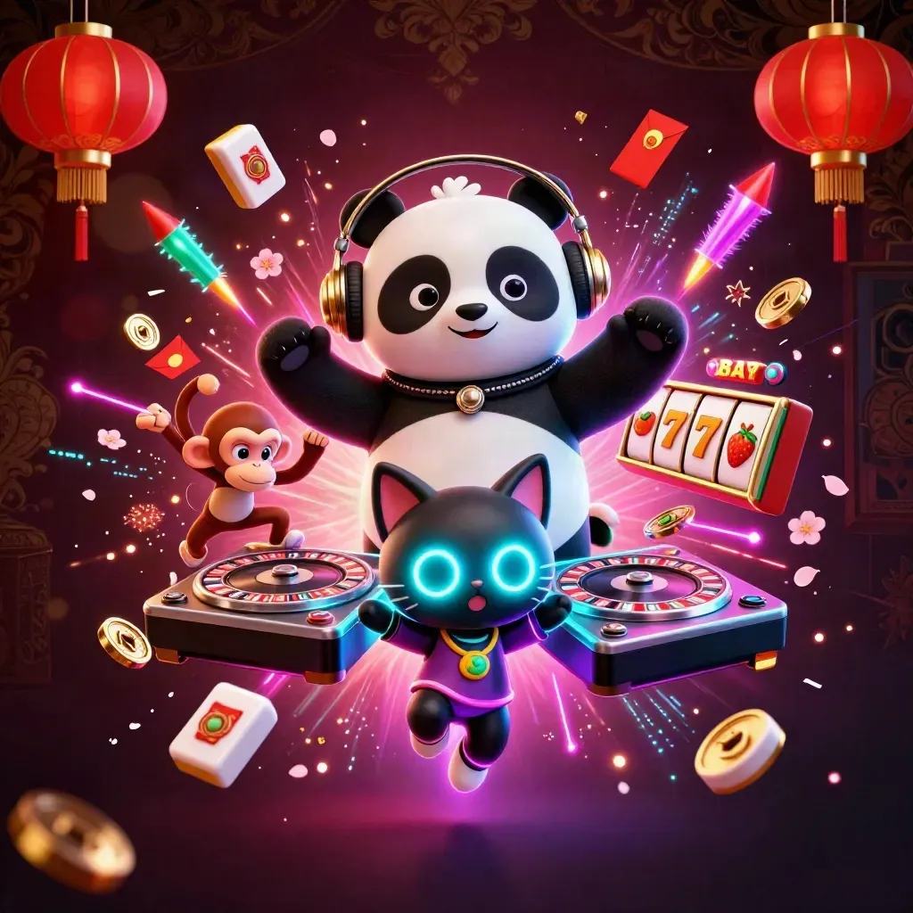 DJ panda, dancing monkey, and neon kitten in a casino explosion of coins and lanterns