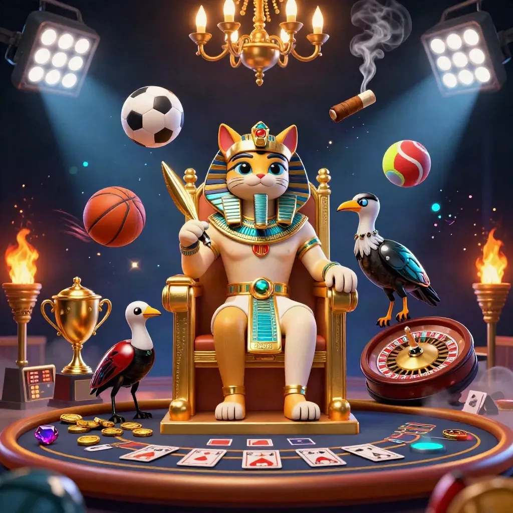 Pharaoh cat, ibis scribe, and gem-winged scarabs amid casino lights, coins, balls, and a spinning wheel