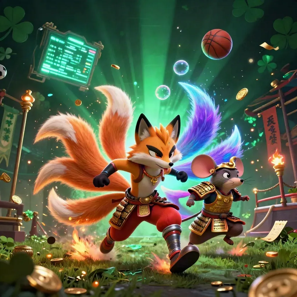 Neon fox spirit and samurai mouse at a ground-level sprint burst with balls, coins, and temple glow.