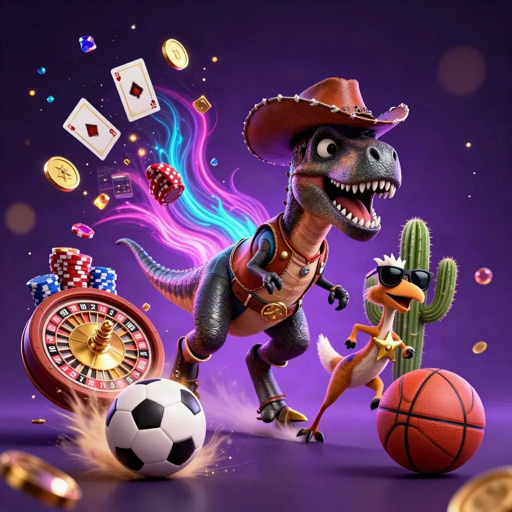 Cowboy T-Rex, cactus and roadrunner burst through casino sports action with coins and cards.