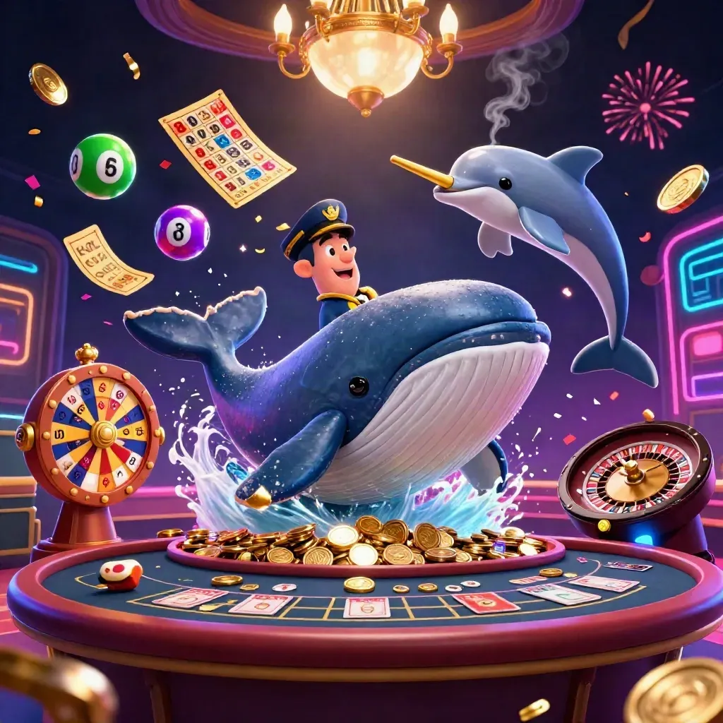 Whale captain, narwhal, and dolphins surge through casino coins and neon light.