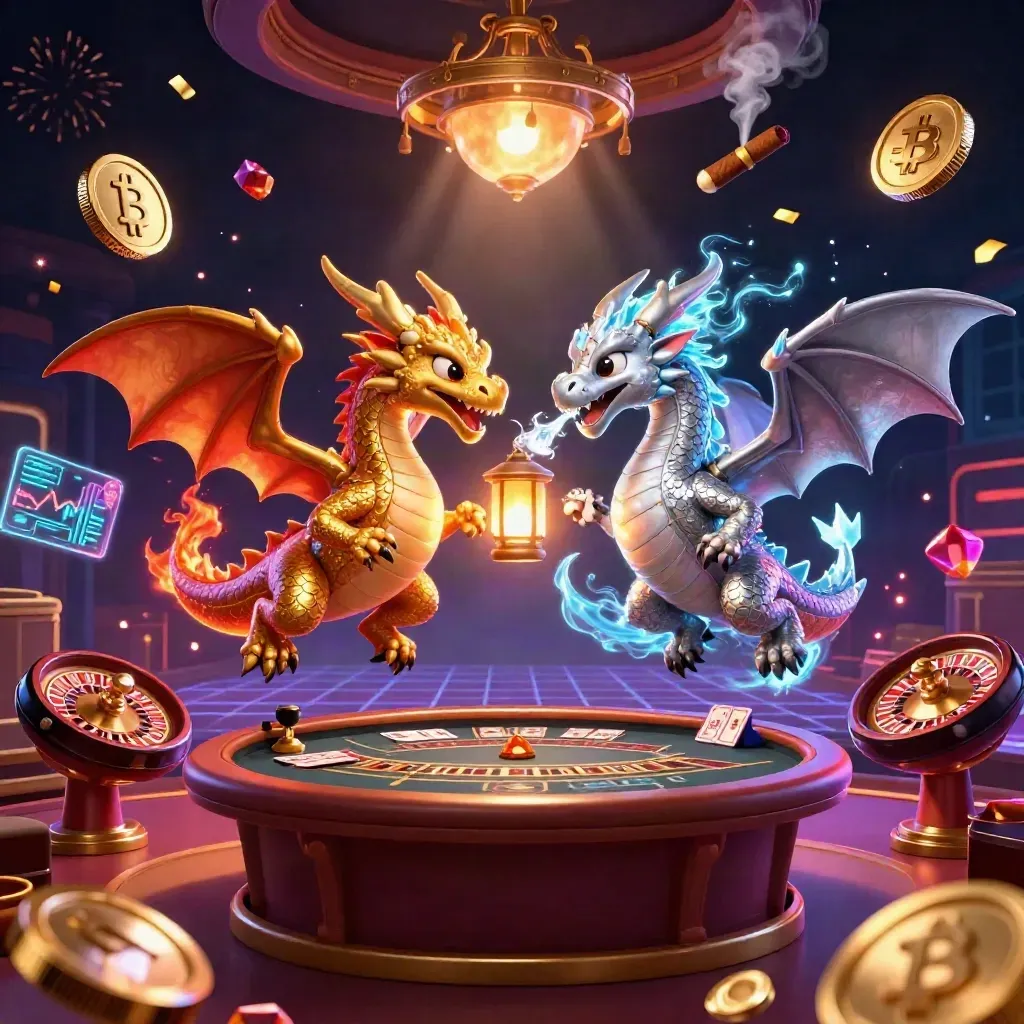 Gold and silver dragons spiral through neon casino effects above a roulette wheel.
