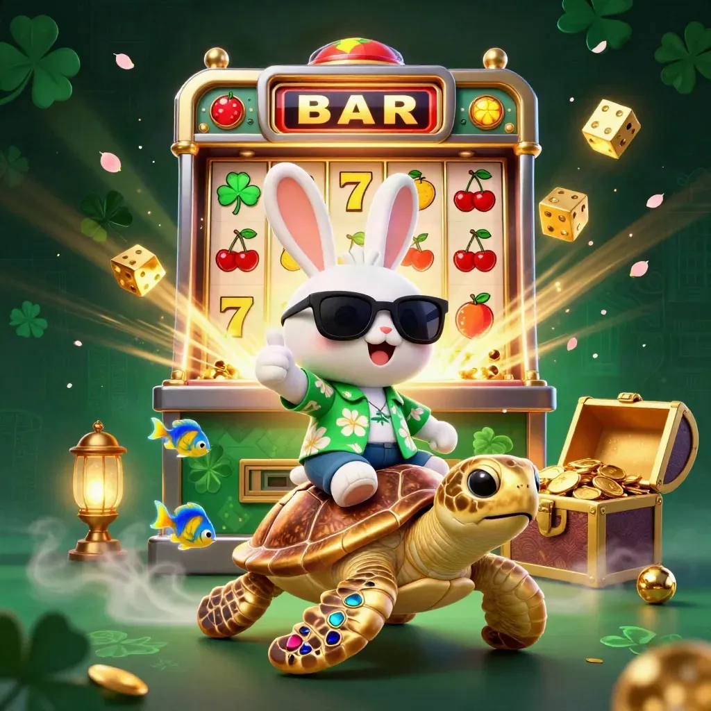Lucky rabbit on a golden turtle amid exploding slot machine, gold, gems, and neon casino chaos.