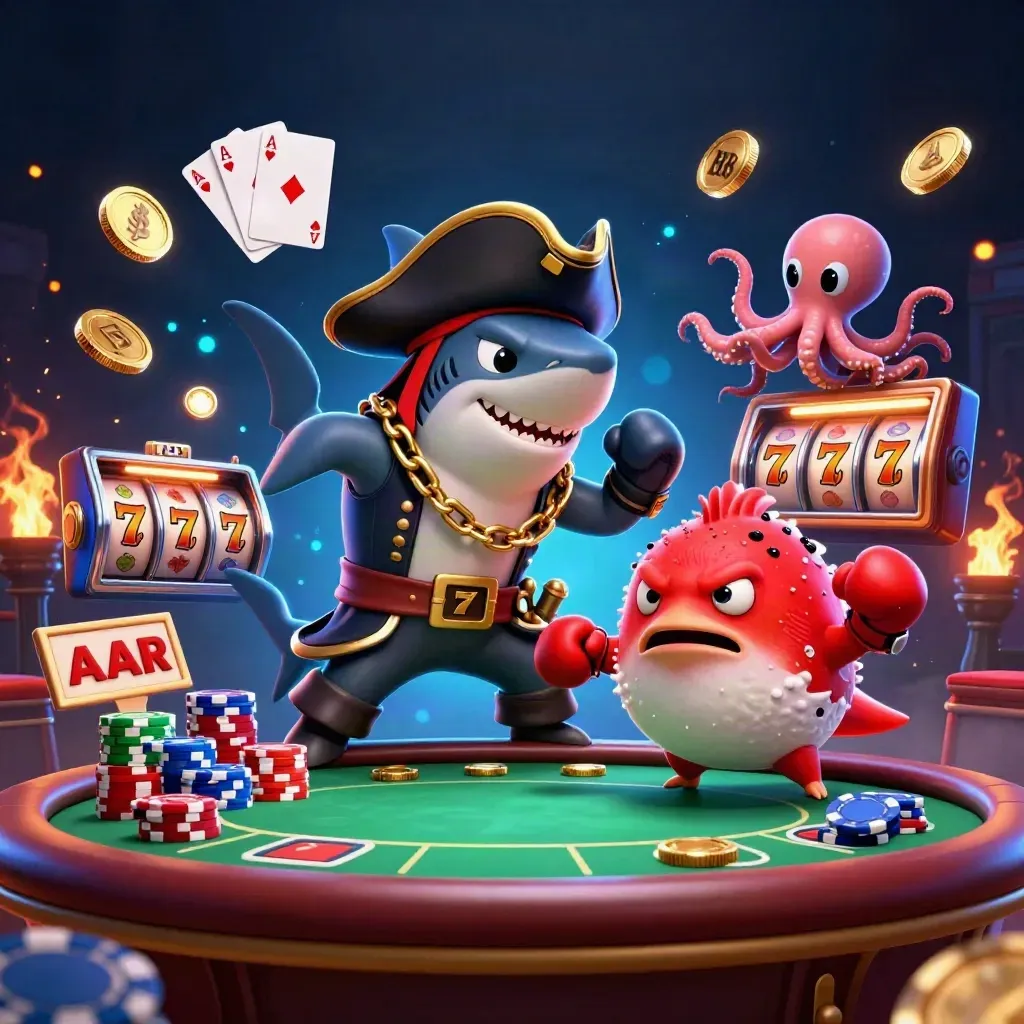 Shark pirate, boxing pufferfish and coin-juggling octopus over casino chips and cards in neon light