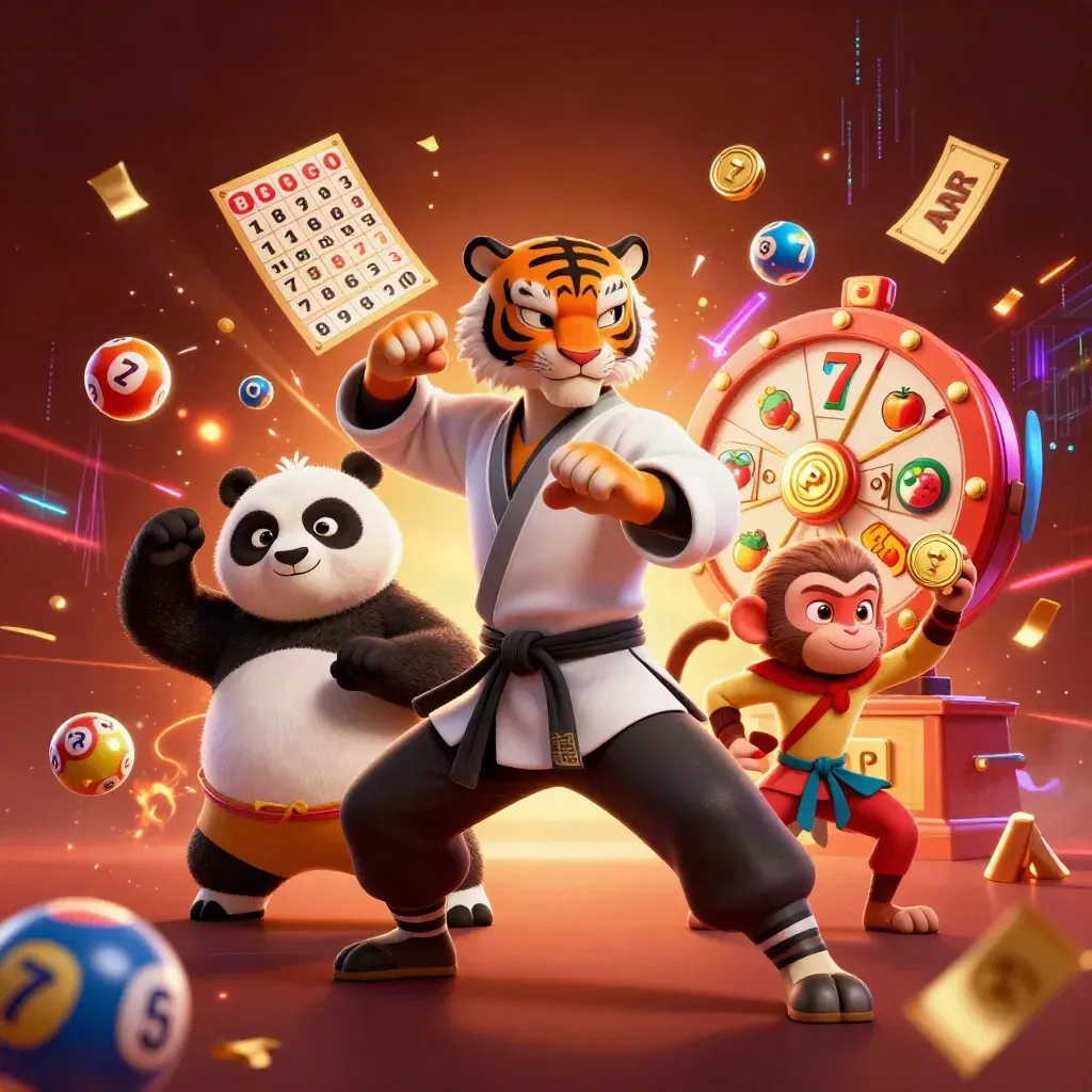 Kung-fu tiger, panda, and monkey amid casino relics, lights, and flying gold.