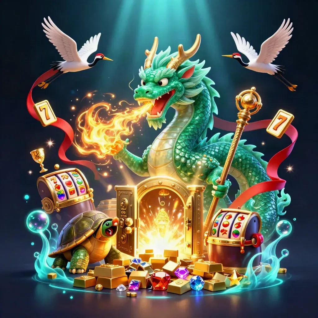 Emerald dragon, turtle sage, and cranes amid treasure, vault light, gems, and casino glow.