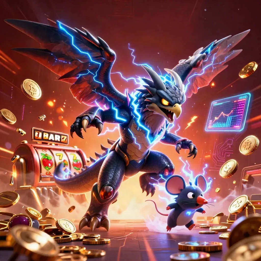 Thunder dragon, hawk, and mouse amid vault blasts, gold coins, lightning, reels, and crypto symbols.