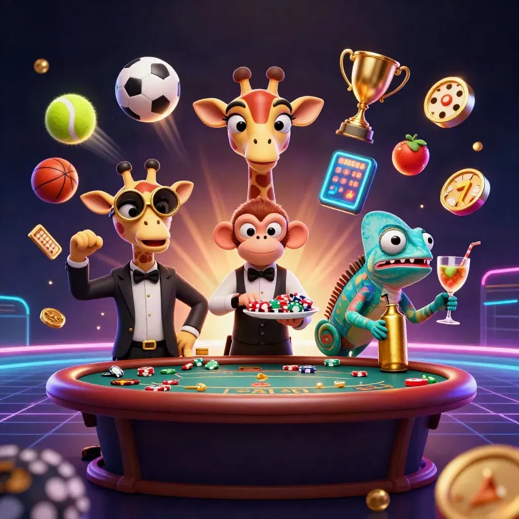 Giraffe high-roller, monkey valet, and chameleon bartender amid casino sports chaos and glowing coins.