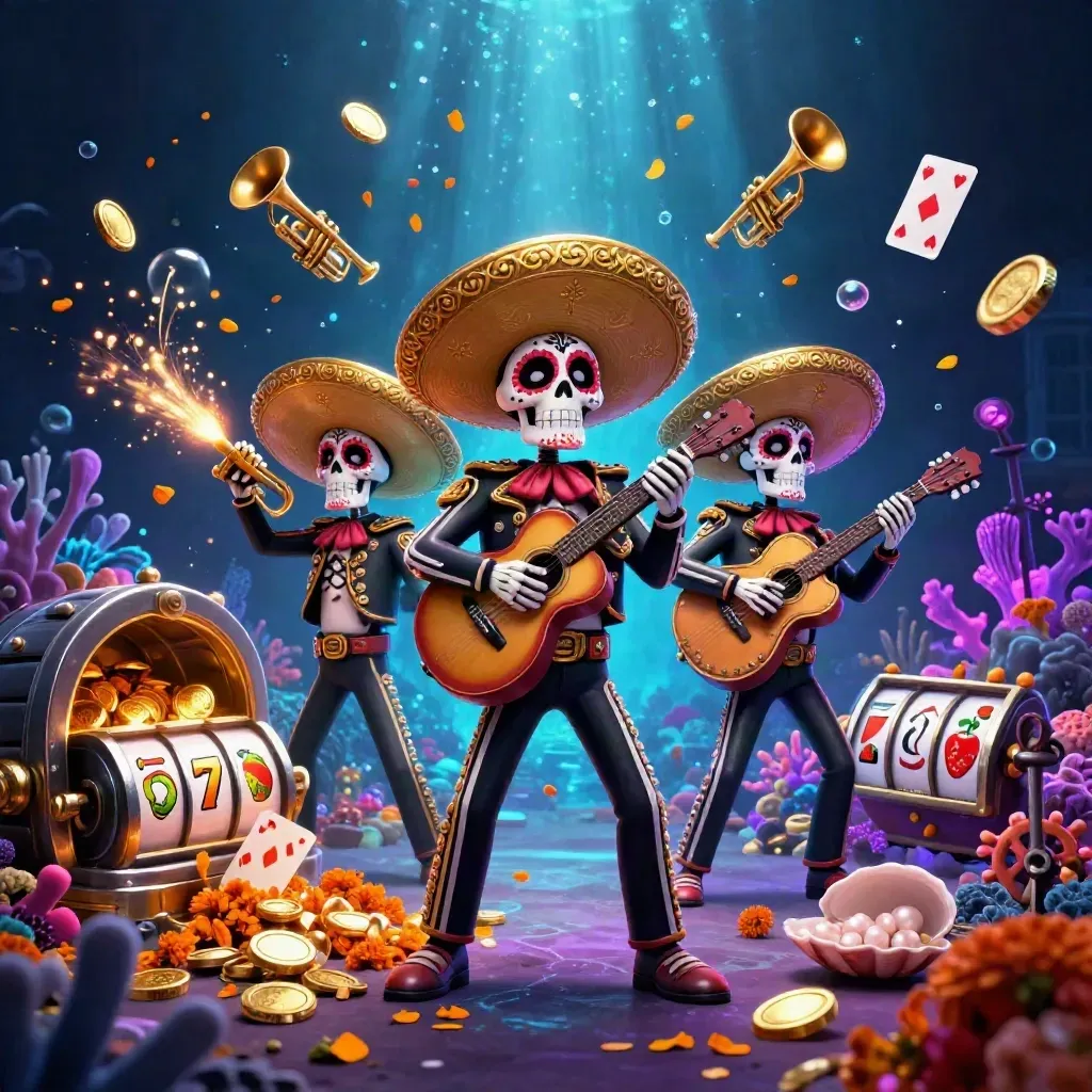 Skeleton mariachi trio amid gold coins, coral, cards, and underwater glow