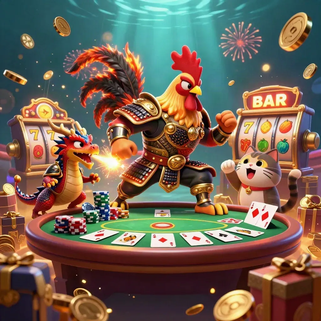 Rooster warrior, dragon hatchling, and fortune-cat amid coins, cards, chips, and fireworks