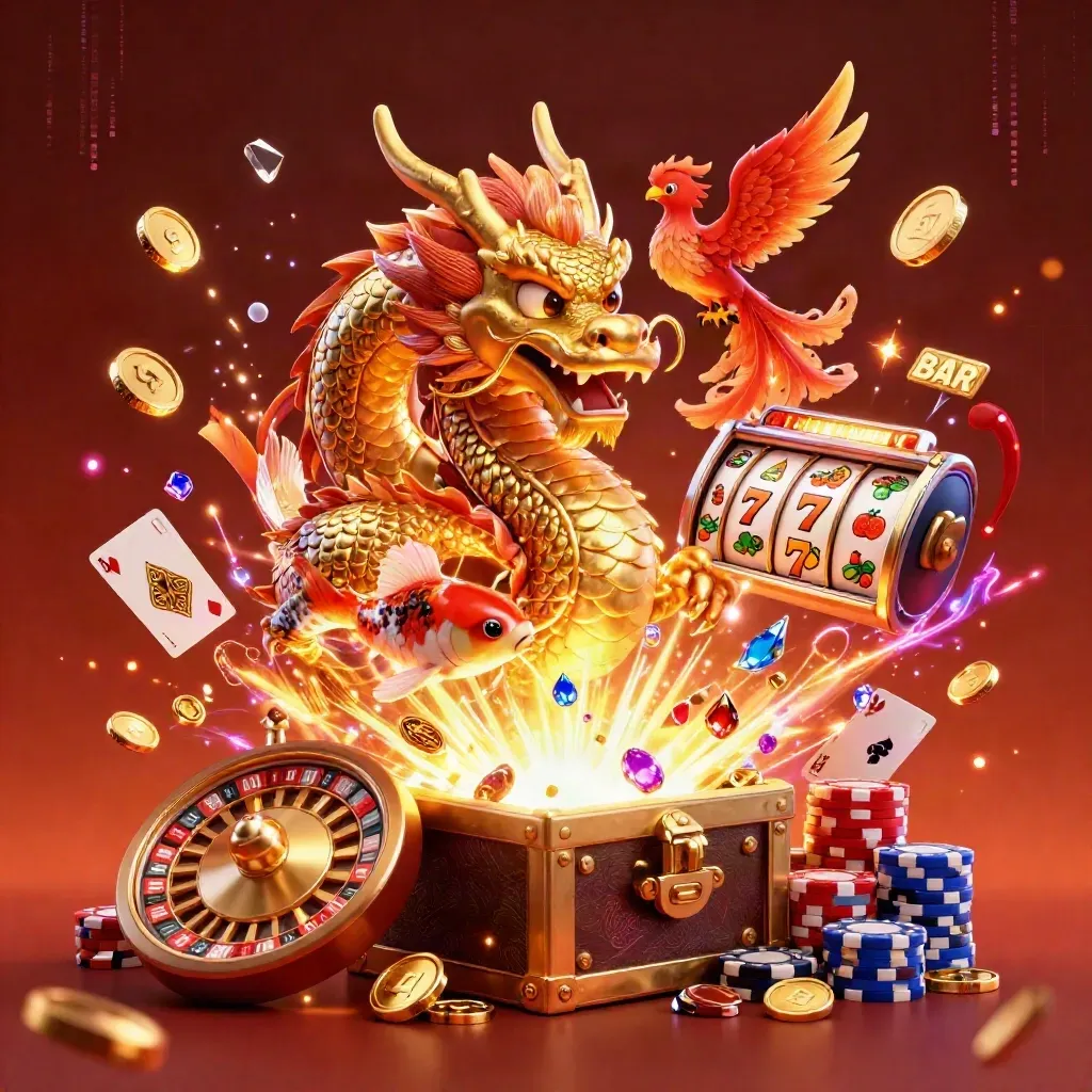 Golden dragon, phoenix, koi and casino treasures explode in a crimson western-casino glow.