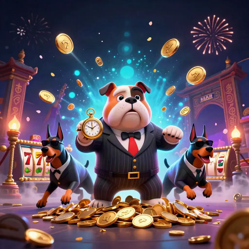 Bulldog mob boss and two Dobermans amid coins, reels, fireworks, and temple-gate casino chaos.