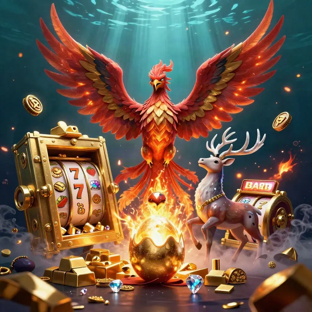 Crimson fire phoenix, baby phoenix, and crystalline stag burst from a golden vault amid casino treasure.