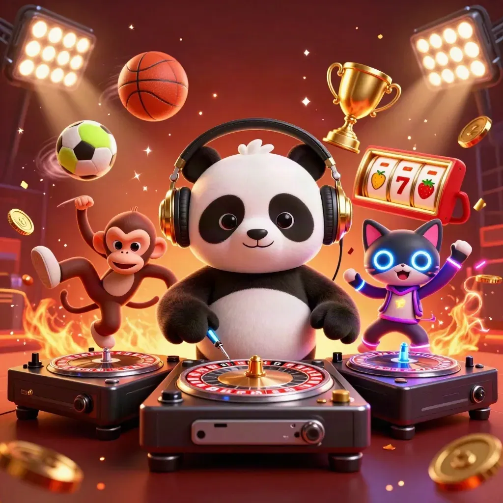 DJ panda, breakdancing monkey, and glow-stick kitten amid casino chaos, coins and fireworks