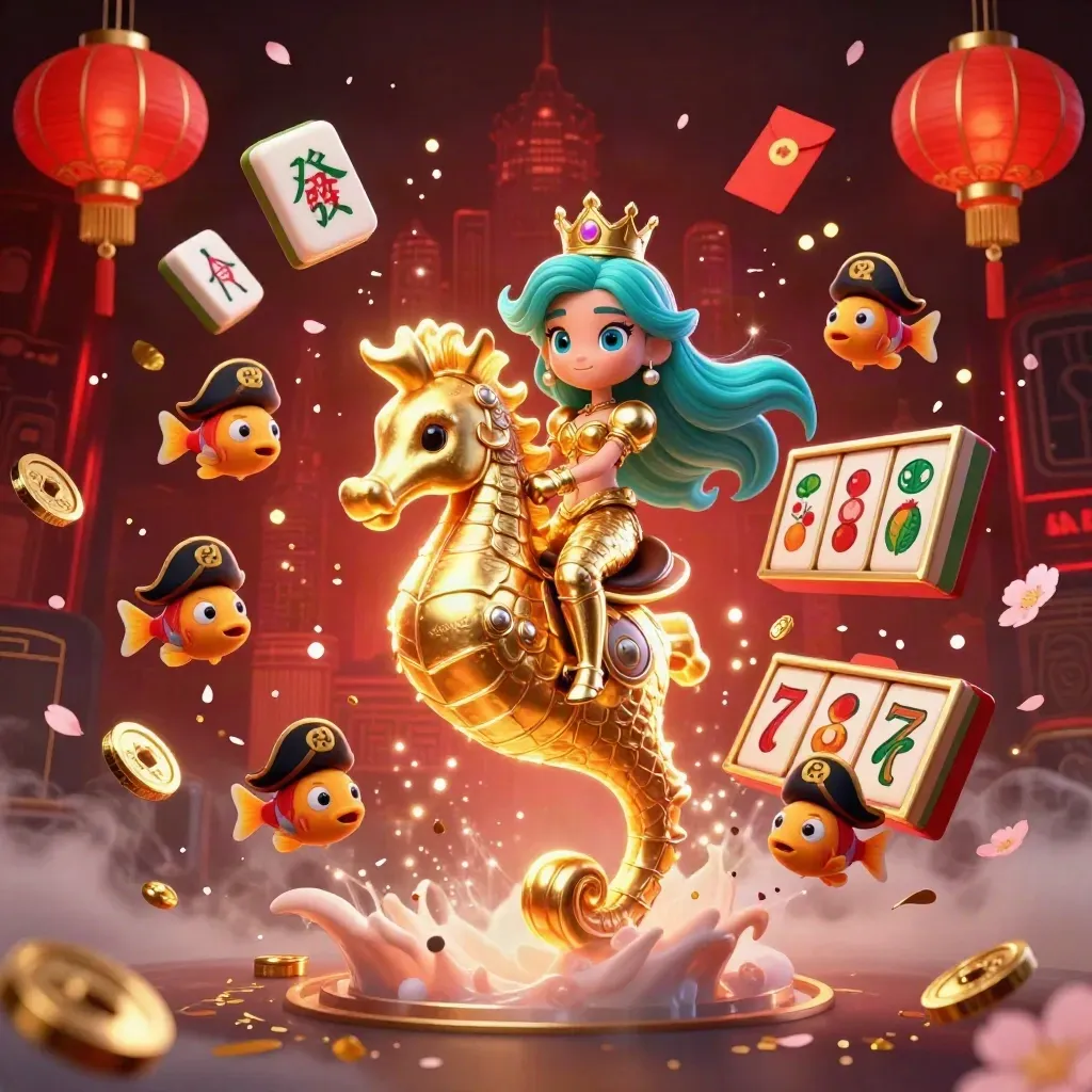 Mermaid princess rides an armored seahorse amid lanterns, coins, reels, and pirate fish.