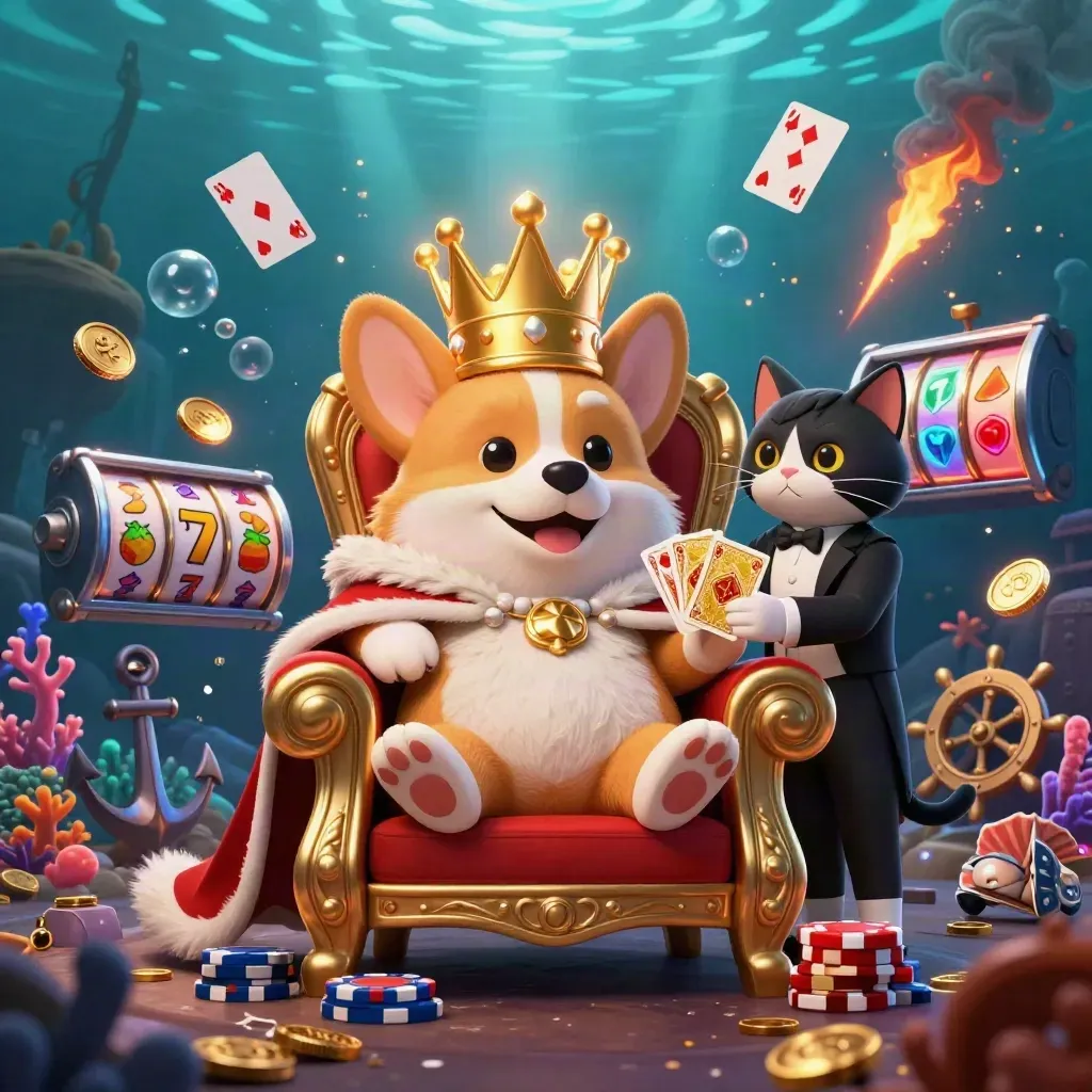 Royal corgi and cat butler on chip throne amid underwater casino treasure and slot reels