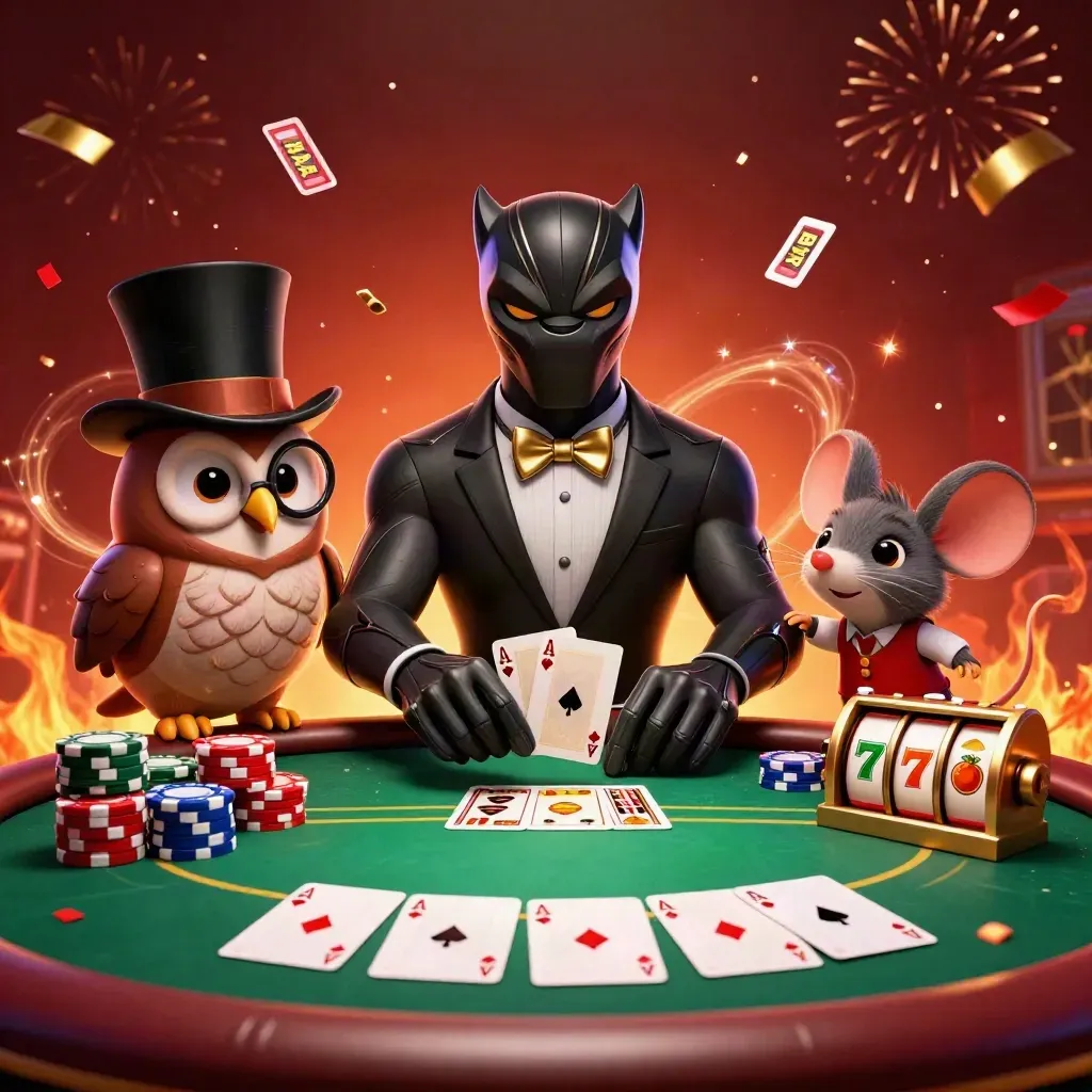Panther, owl, and mouse at a casino poker table with chips, cards, and glowing effects.