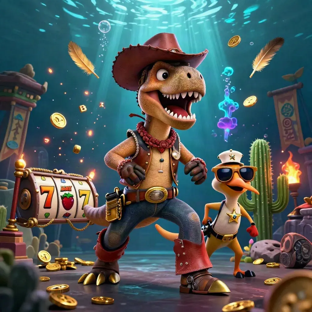 Cowboy T-Rex, cactus sidekick, and roadrunner in a glowing underwater casino action scene.