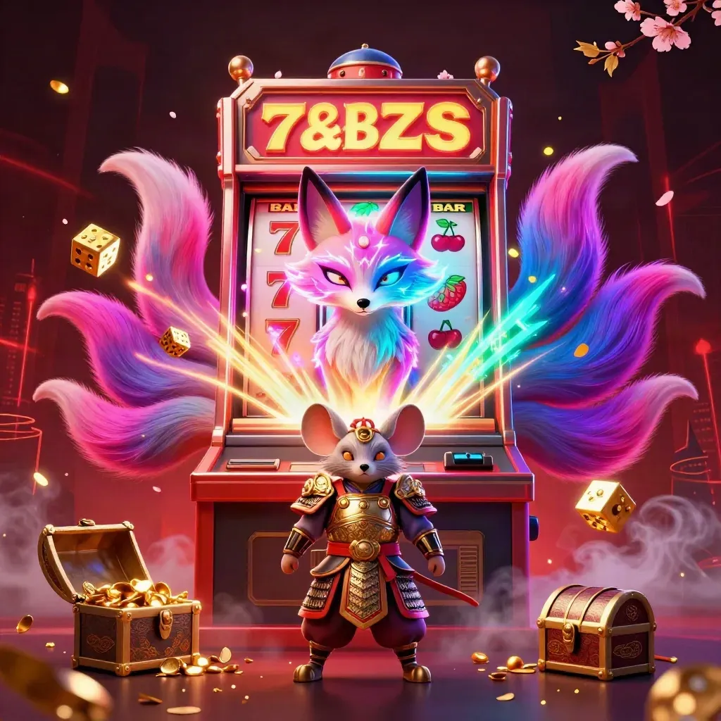 Fox spirit and armored mouse beside exploding slot machine, gold, neon effects, dark western casino backdrop
